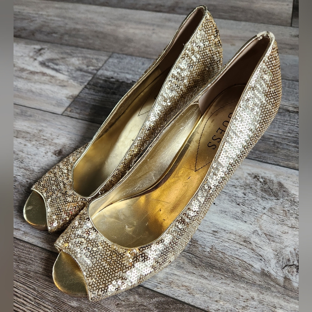 Gold Sequin GUESS peep toe pumps